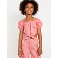 Puff-Sleeve Double-Weave Tie-Knot Top for Girls