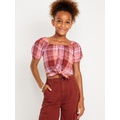 Puff-Sleeve Double-Weave Tie-Knot Top for Girls