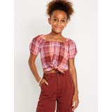 Puff-Sleeve Double-Weave Tie-Knot Top for Girls Hot Deal