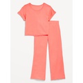 Ribbed Pajama Top and Wide-Leg Pants Set for Girls