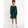 Long-Sleeve Tie-Neck Velvet Swing Dress for Girls