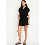 Waist-Defined Crinkle Gauze Romper -- 3-inch inseam