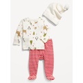 Printed T-Shirt, Footed Microfleece Pants and Beanie Set for Baby