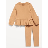 Cozy Long-Sleeve Ribbed Peplum Top and Leggings Set for Toddler Girls