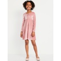 Long-Sleeve Tie-Neck Velvet Swing Dress for Girls