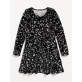 Long-Sleeve Tie-Neck Velvet Swing Dress for Girls