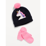 Graphic Pom Pom Beanie and Mittens Set for Toddler Girls Hot Deal