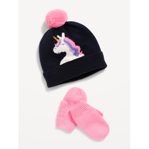 올드네이비 Graphic Pom Pom Beanie and Mittens Set for Toddler Girls Hot Deal