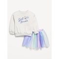 Crew-Neck Graphic Sweatshirt and Tulle Skirt Set for Toddler Girls