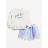 Crew-Neck Graphic Sweatshirt and Tulle Skirt Set for Toddler Girls