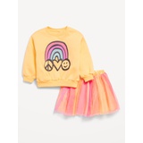 Crew-Neck Graphic Sweatshirt and Tulle Skirt Set for Toddler Girls