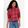 Cropped Long-Sleeve Plaid Pocket Flannel Shirt for Girls Hot Deal