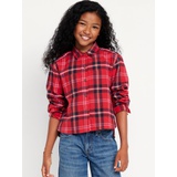 Cropped Long-Sleeve Plaid Pocket Flannel Shirt for Girls