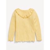 Long-Sleeve Ruffle-Trim Pointelle-Knit Top for Toddler Girls