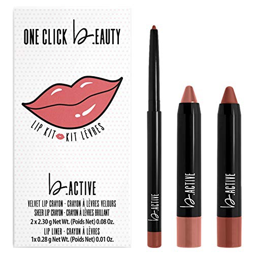  One Click Beauty b.ACTIVE 3-Piece Lip Kit, Longwear Makeup, The Cool Nudes