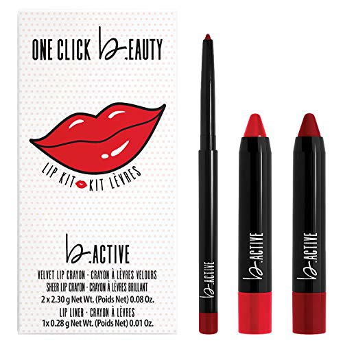  One Click Beauty b.ACTIVE 3-Piece Lip Kit, Longwear Makeup, The Cool Nudes