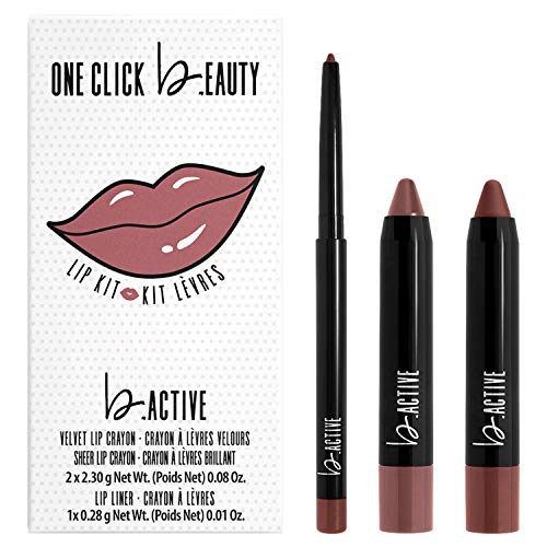  One Click Beauty b.ACTIVE 3-Piece Lip Kit, Longwear Makeup, The Cool Nudes