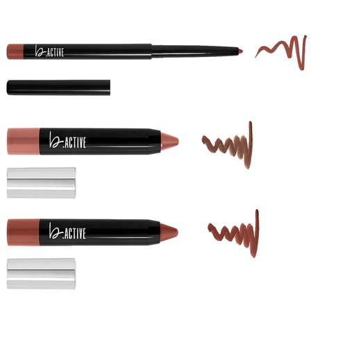  One Click Beauty b.ACTIVE 3-Piece Lip Kit, Longwear Makeup, The Cool Nudes