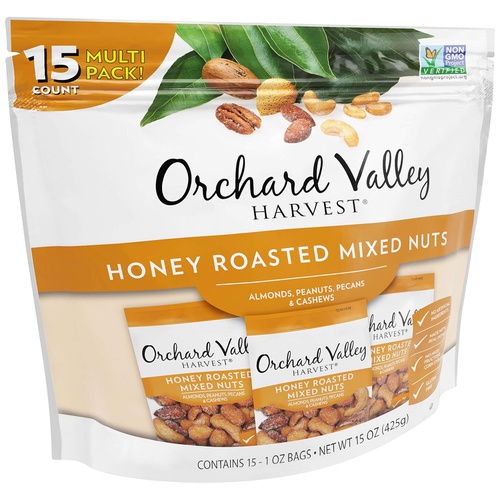  ORCHARD VALLEY HARVEST Honey Roasted Mixed Nuts, 1 oz (Pack of 15), Non-GMO, No Artificial Ingredients