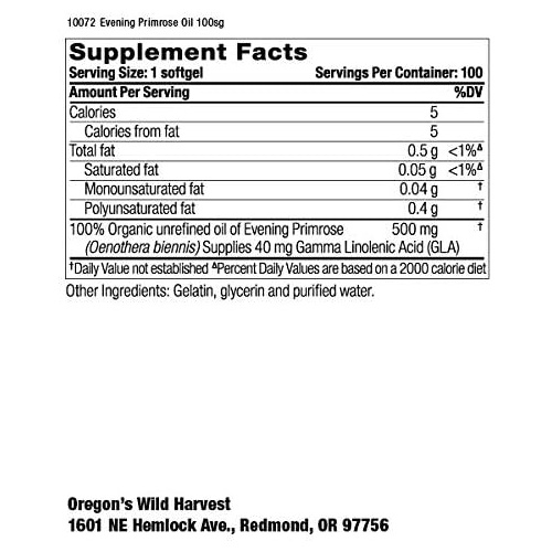  Oregons Wild Harvest Non-GMO Evening Primrose Oil, Herbal Supplements, 100 softgels