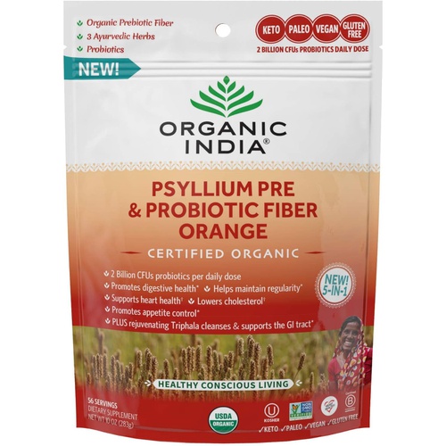  Organic India Psyllium Husk Pre & Probiotic Fiber - Psyllium Husk Powder, Keto, Paleo, Vegan, Gluten Free, Dietary Fiber Power, Psyllium Husk Whole - Orange Flavor, 10 Oz Bag