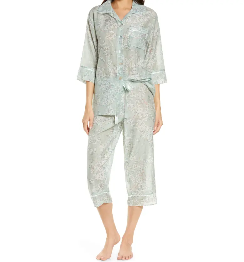Papinelle Cherry Blossom Cotton & Silk Crop Pajamas_SAGE