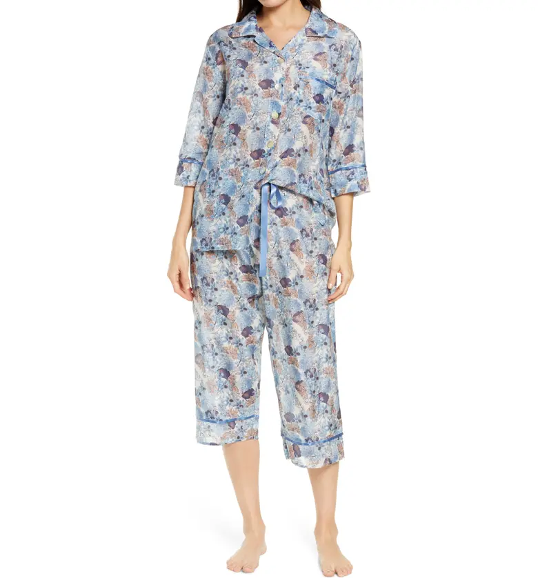 Papinelle Paloma Floral Silk & Cotton Crop Pajamas_Blue