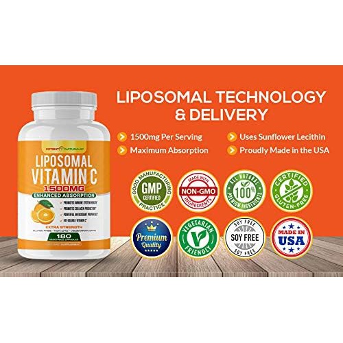  POTENT NATURALS Liposomal Vitamin C 1500mg -180 Vegan Capsules - Vitamin C, Fat Soluble Vitamin C, High Dose Ascorbic Acid, Collagen Booster, Antioxidant & Immune Support Vitamins, Non GMO - Lypo