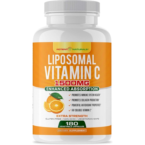  POTENT NATURALS Liposomal Vitamin C 1500mg -180 Vegan Capsules - Vitamin C, Fat Soluble Vitamin C, High Dose Ascorbic Acid, Collagen Booster, Antioxidant & Immune Support Vitamins, Non GMO - Lypo