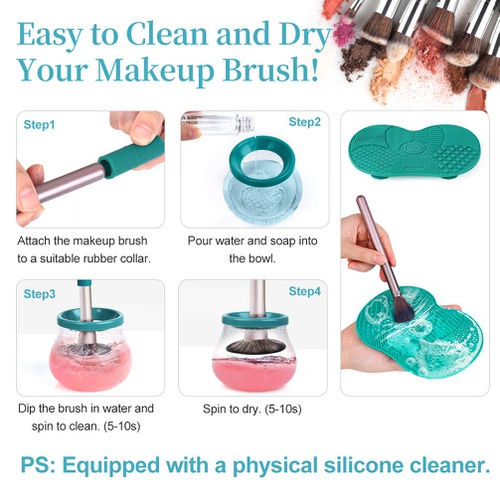  PRETTY SEE Electric Makeup Brush Cleaner Dryer, Super-Fast Automatic Brush Cleaner Spinner Makeup Brush Tools with 14 Size Rubber Collars, Wash and Dry in Seconds Fits Any Brush