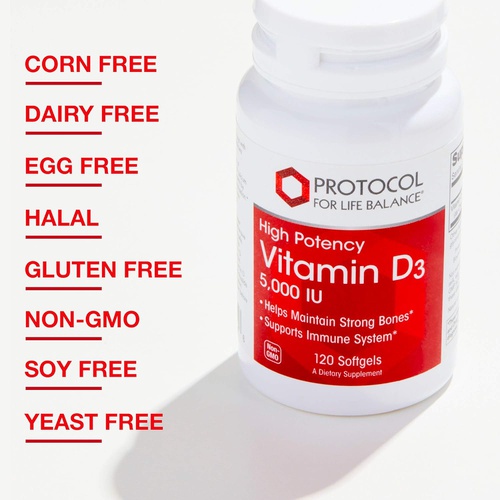  Protocol For Life Balance - Vitamin D3 5000 IU (High Potency) Supports Calcium Absorption, Bone and Dental Health, Immune System Function, Nervous System, and Cognitive Function -