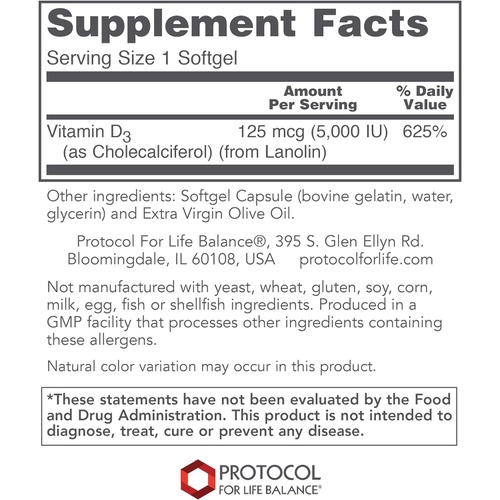  Protocol For Life Balance - Vitamin D3 5000 IU (High Potency) Supports Calcium Absorption, Bone and Dental Health, Immune System Function, Nervous System, and Cognitive Function -