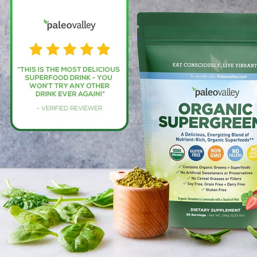  Paleovalley Organic Supergreens - Organic Greens Powder Superfood for Immune Support - Paleo Green Powder Blend - 28 Servings - 23 Organic Superfoods - Gluten Free, No Cereal Grass