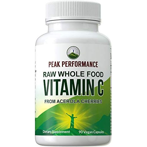  Peak Performance Raw Whole Food Natural Vitamin C Capsules from Acerola Cherry for Max Absorption. Vegan USA Sourced Vitamin C Supplement 90 Pills. 500 mg Serving or 2 Servings 100