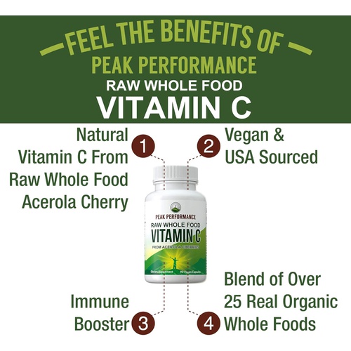  Peak Performance Raw Whole Food Natural Vitamin C Capsules from Acerola Cherry for Max Absorption. Vegan USA Sourced Vitamin C Supplement 90 Pills. 500 mg Serving or 2 Servings 100