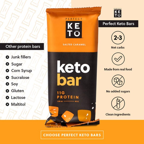  Perfect Keto Bars - The Cleanest Keto Snacks with Collagen and MCT. No Added Sugar, Keto Diet Friendly - 3g Net Carbs, 19g Fat,11g protein - Keto Diet Food Dessert (Salted Caramel,