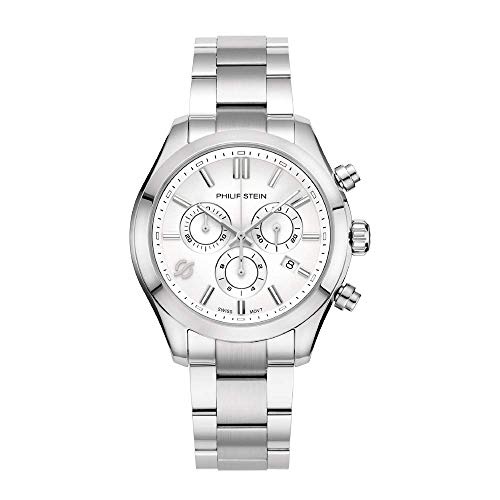  Philip Stein Chronograph Analog Display Wrist Swiss Quartz Traveler Men Smart Watch Stainless Steel Clasp Chain with White Dial Natural Frequency Technology Provides More Energy -