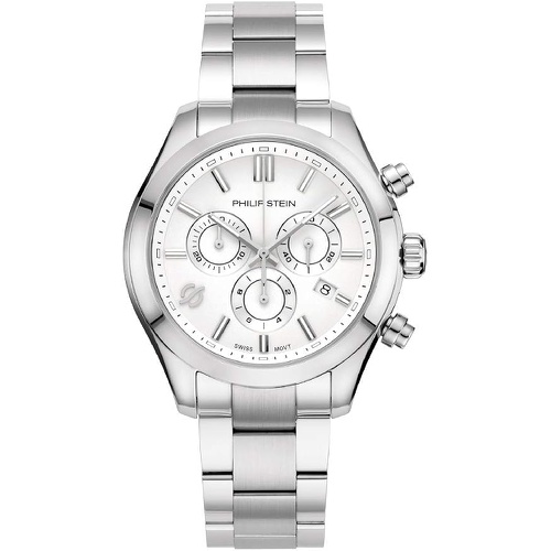  Philip Stein Chronograph Analog Display Wrist Swiss Quartz Traveler Men Smart Watch Stainless Steel Clasp Chain with White Dial Natural Frequency Technology Provides More Energy -