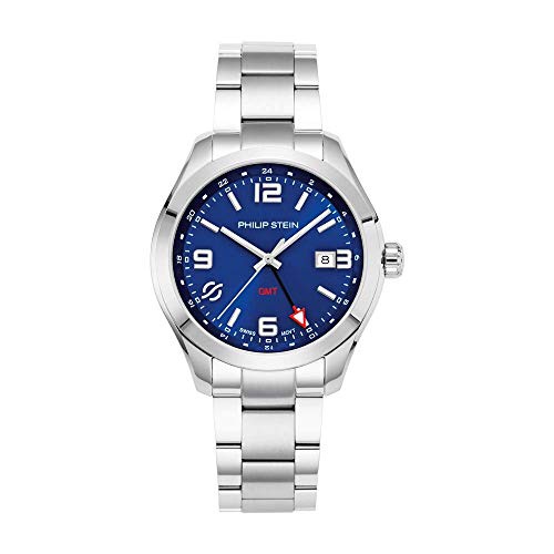  Philip Stein Analog Display Wrist Swiss Quartz Traveler Men Smart Watch Stainless Steel Silver Clasp Chain with Blue Dial Natural Frequency Technology Provides More Energy - Model
