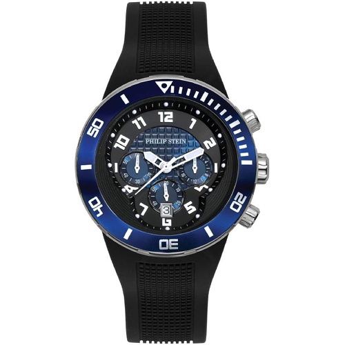  Philip Stein Dual Time Zone Chronograph Analog Display Japanese Quartz Watch Black Rubber Band Pin Buckle Blue Dial with Extreme Frame Natural Frequency Technology Provides Energy