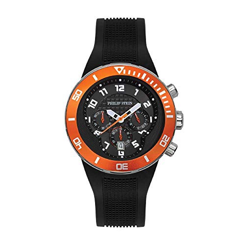  Philip Stein Dual Time Zone Chronograph Analog Display Japanese Quartz Watch Black Rubber Band Orange Rotating Bezel Dial with Extreme Frame Natural Frequency Technology Provide En
