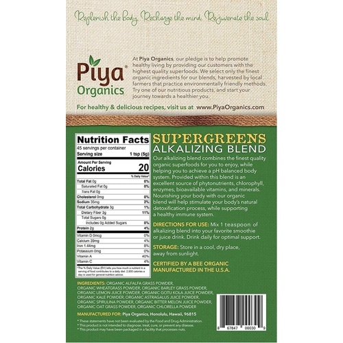 Piya Organics Supergreens Alkalizing Blend - Organic Smoothie Powder. Wheatgrass, Spirulina, Kale, Chlorella, Alfalfa Grass & More. Vegan, Promotes Detox, Boosts Energy, Supports Immune Health.