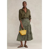 Block-Print Tiered Linen Midi Skirt