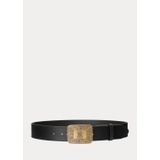 Crest-Buckle Leather Wide Belt