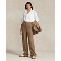 Plaid Linen-Silk Straight-Leg Pant