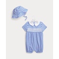 Hand-Smocked Cotton Shortall & Hat Set