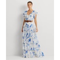 Floral Belted Georgette Tiered Gown