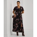 Print Belted Flutter-Sleeve Gown