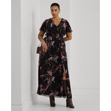 Print Belted Flutter-Sleeve Gown