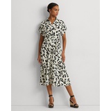 Leaf-Print Belted Crepe Dress